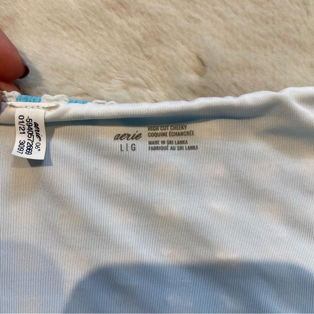 (L) aerie High Cut Cheeky Bikini Bottoms Large Blue White Gingham Tie Waist - Picture 7 of 9
